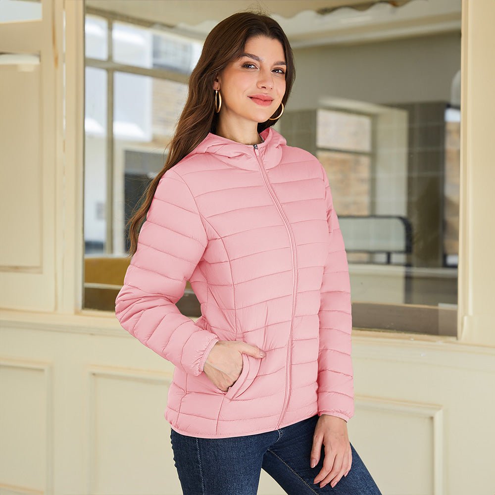 Pink Women's Hooded Lightweight Puffer Jacket Full Zip Winter Coat - MAGCOMSEN