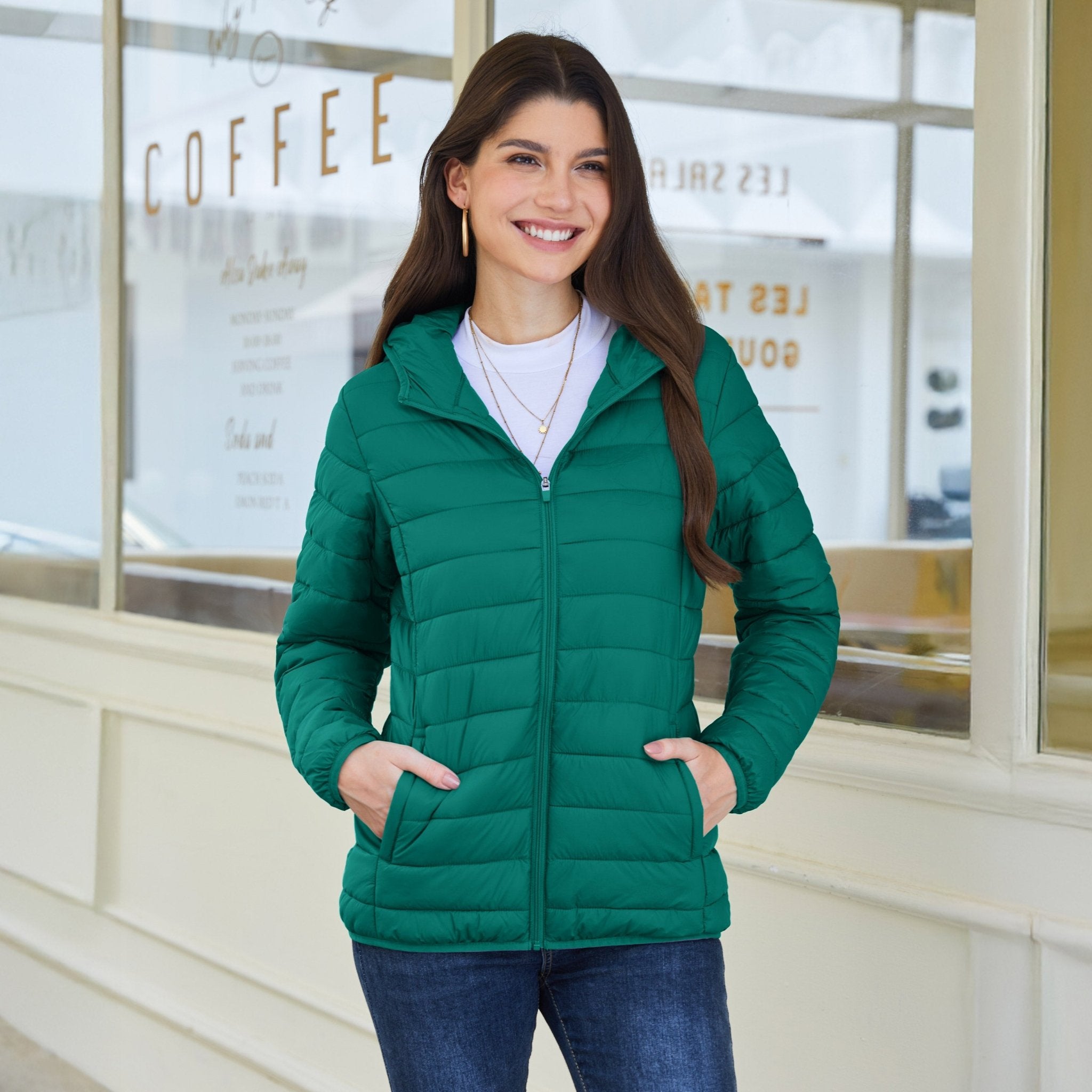 Jade Green Women's Hooded Lightweight Puffer Jacket Full Zip Winter Coat - MAGCOMSEN
