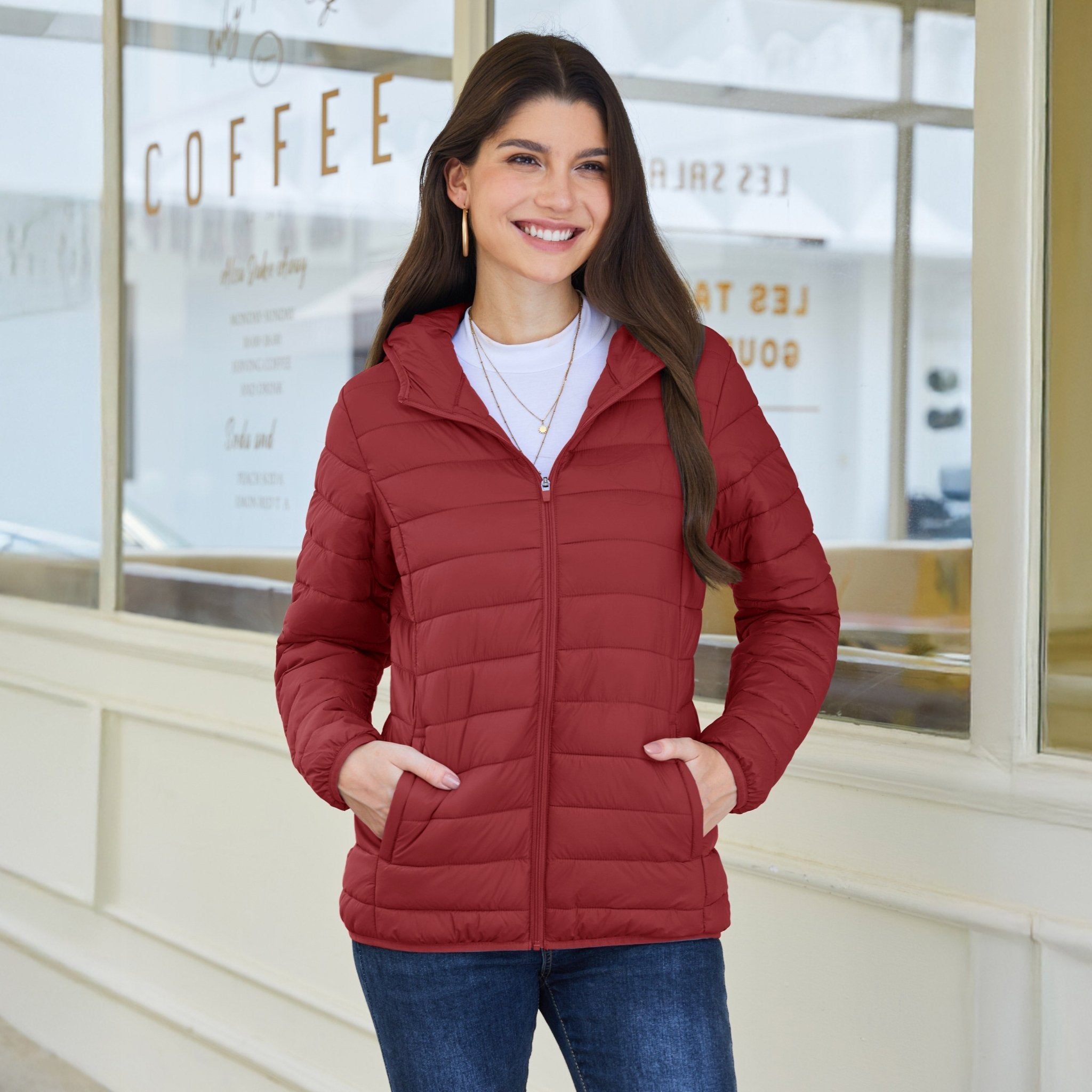 Dark Orange Women's Hooded Lightweight Puffer Jacket Full Zip Winter Coat - MAGCOMSEN