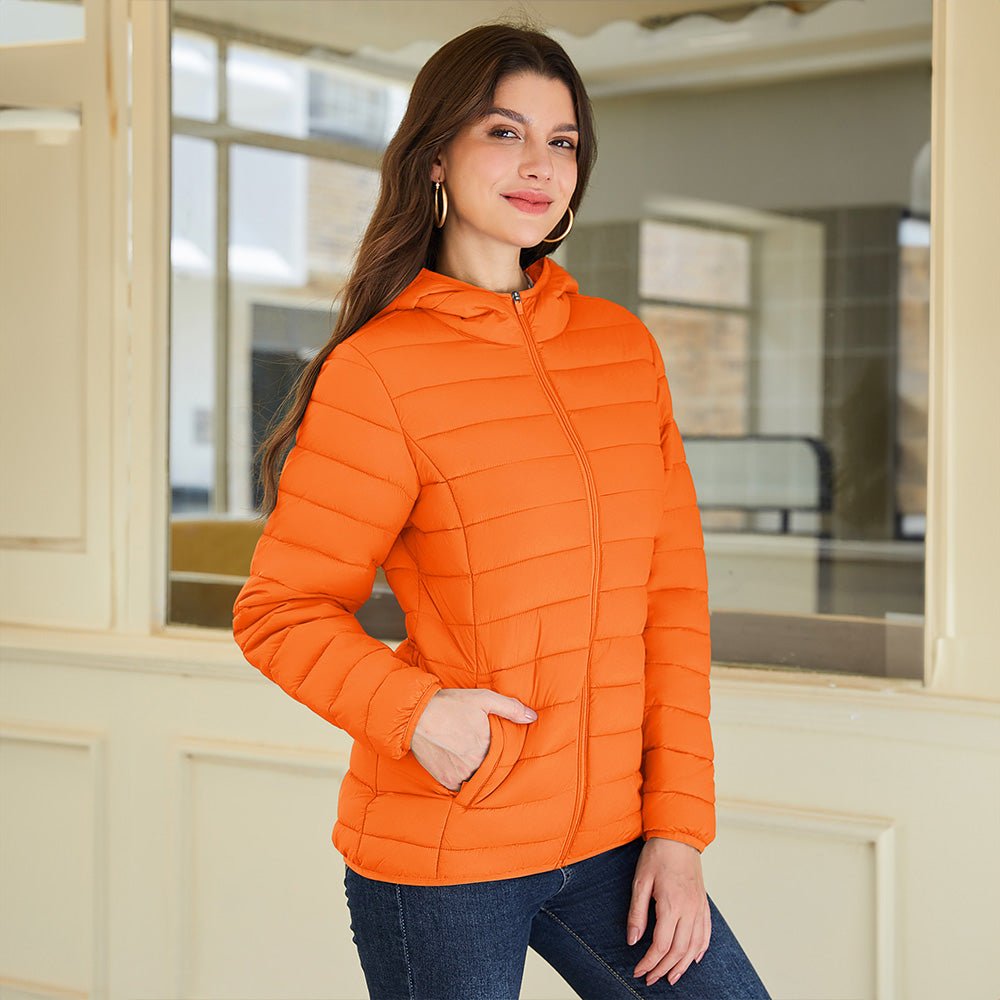 Orange Women's Hooded Lightweight Puffer Jacket Full Zip Winter Coat - MAGCOMSEN