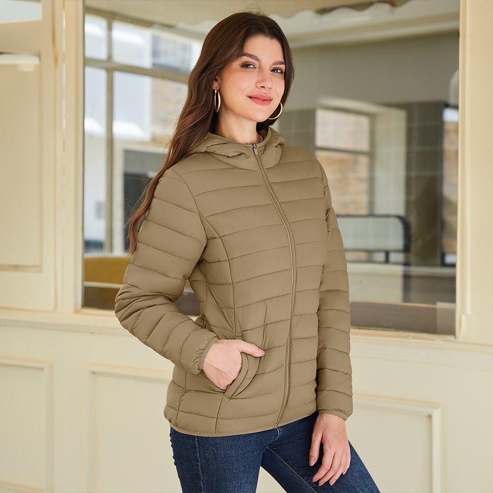 Khaki Women's Hooded Lightweight Puffer Jacket Full Zip Winter Coat - MAGCOMSEN