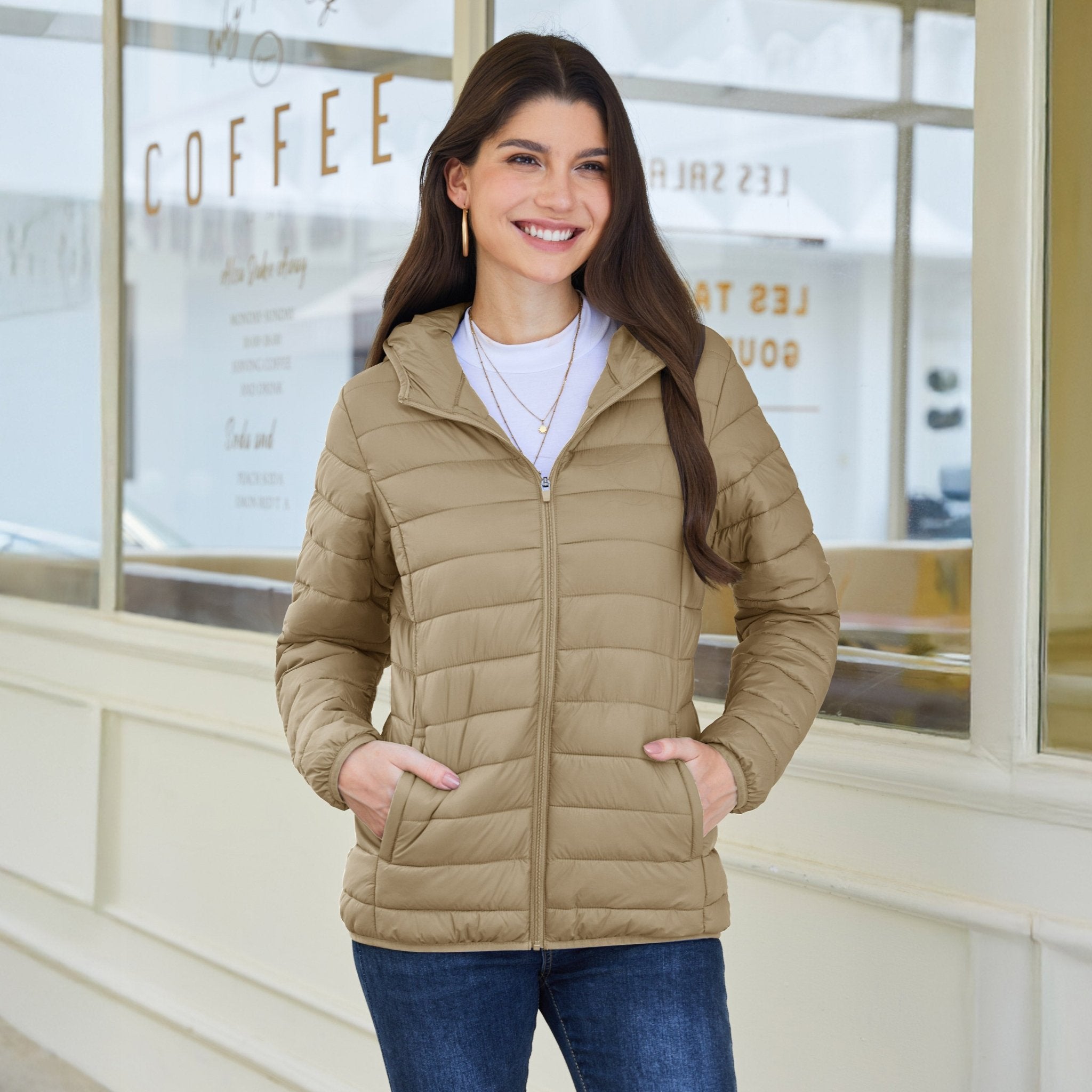 Khaki Women's Hooded Lightweight Puffer Jacket Full Zip Winter Coat - MAGCOMSEN