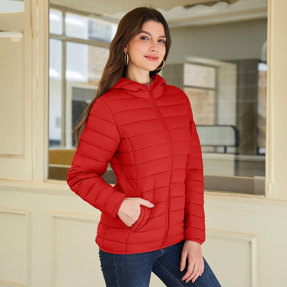 Red Women's Hooded Lightweight Puffer Jacket Full Zip Winter Coat - MAGCOMSEN