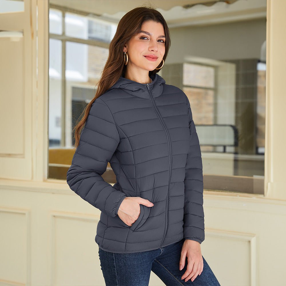 Dark Grey Women's Hooded Lightweight Puffer Jacket Full Zip Winter Coat - MAGCOMSEN