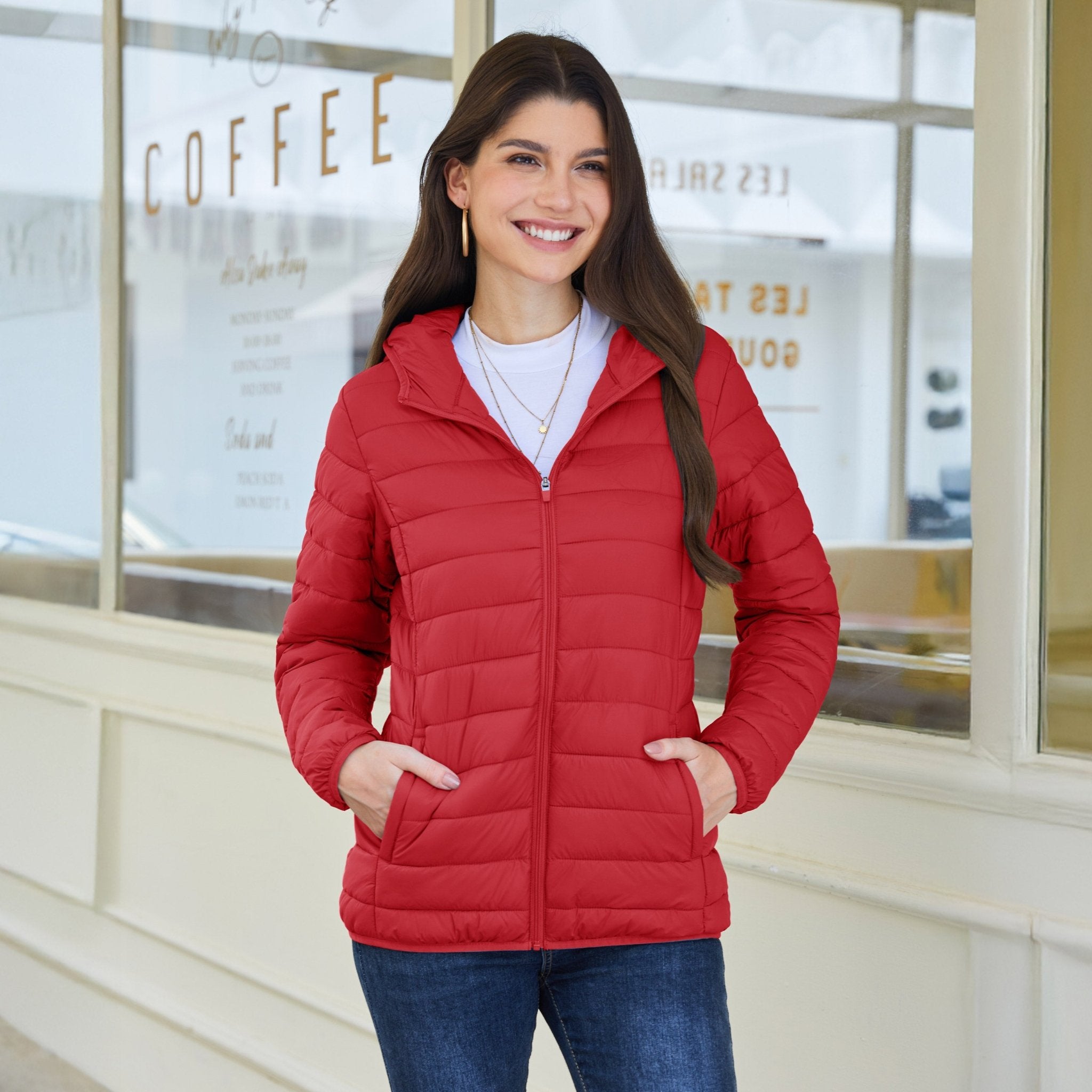 Red Women's Hooded Lightweight Puffer Jacket Full Zip Winter Coat - MAGCOMSEN