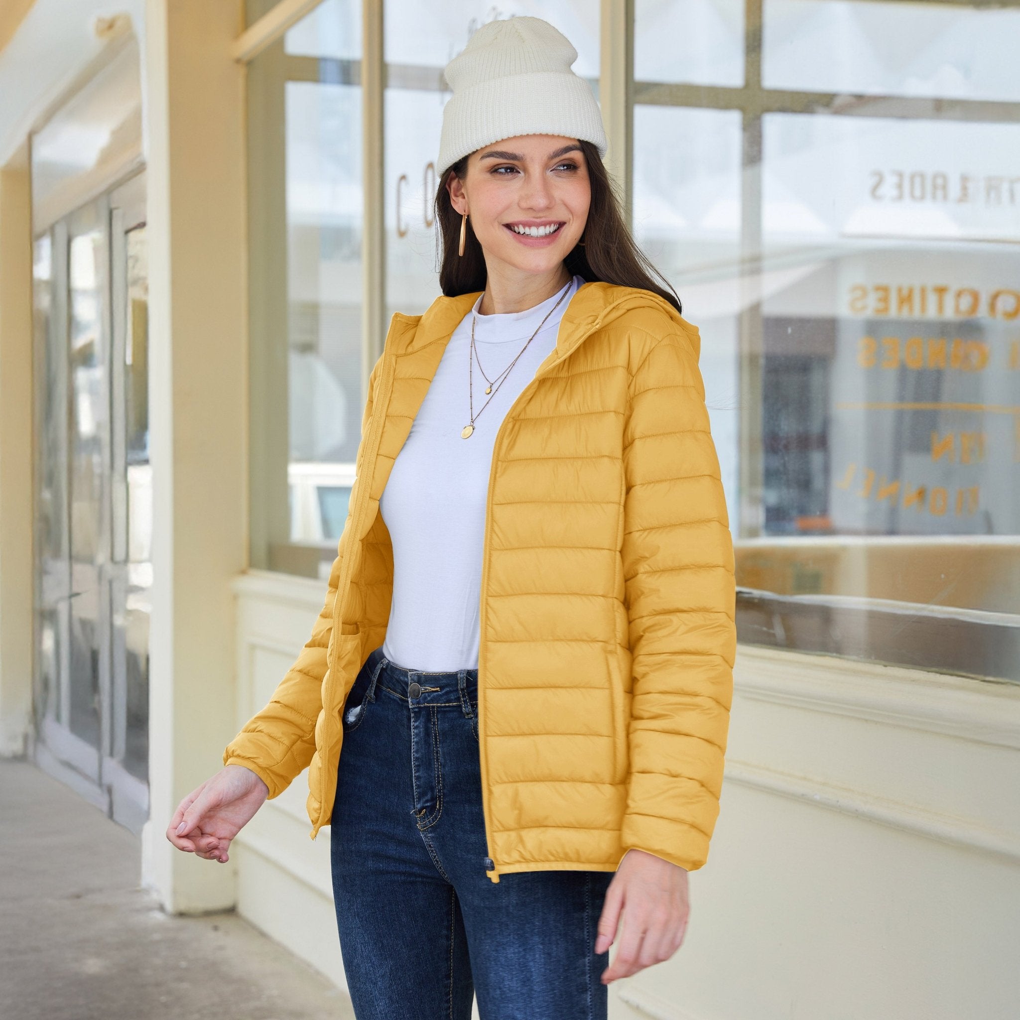 Yellow Women's Hooded Lightweight Puffer Jacket Full Zip Winter Coat - MAGCOMSEN