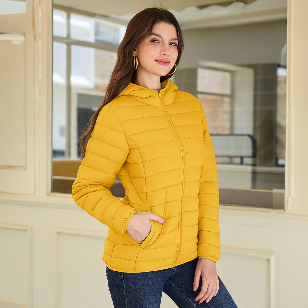 Yellow Women's Hooded Lightweight Puffer Jacket Full Zip Winter Coat - MAGCOMSEN