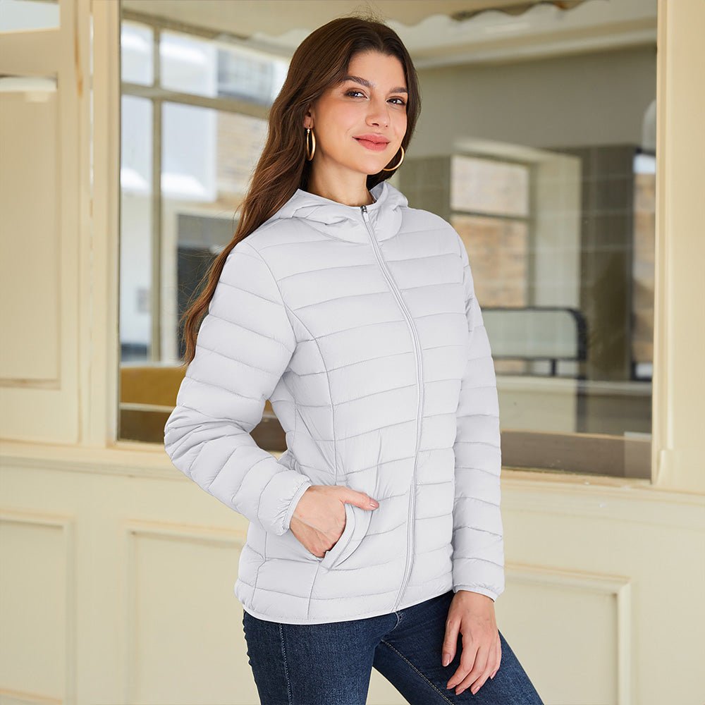 White Women's Hooded Lightweight Puffer Jacket Full Zip Winter Coat - MAGCOMSEN
