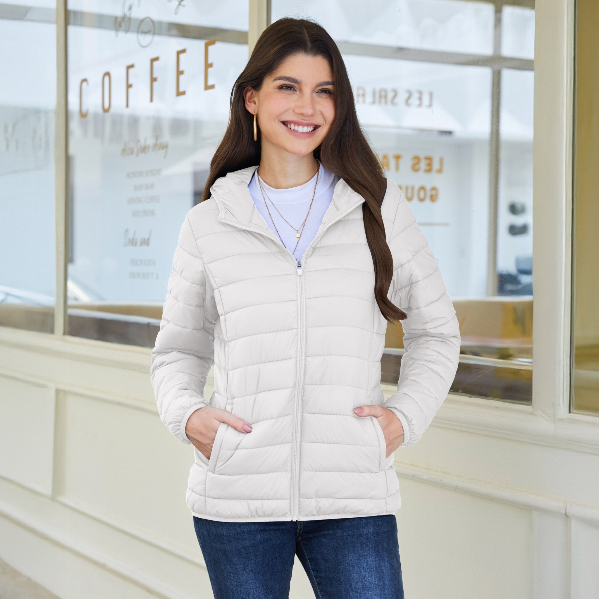 White Women's Hooded Lightweight Puffer Jacket Full Zip Winter Coat - MAGCOMSEN