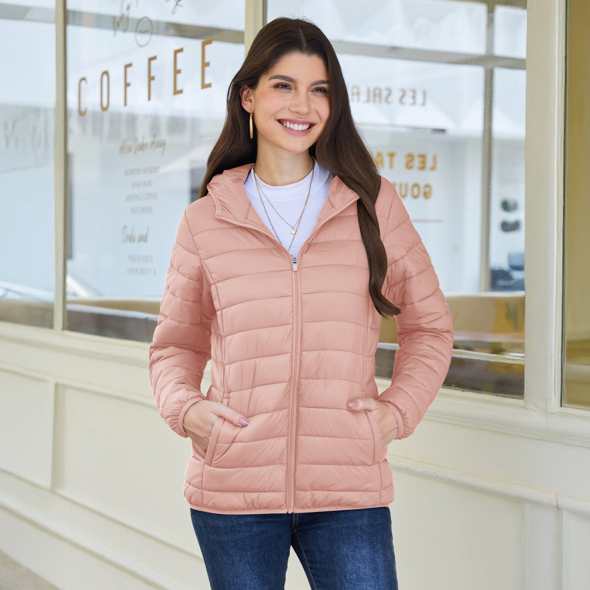 Apricot Women's Hooded Lightweight Puffer Jacket Full Zip Winter Coat - MAGCOMSEN