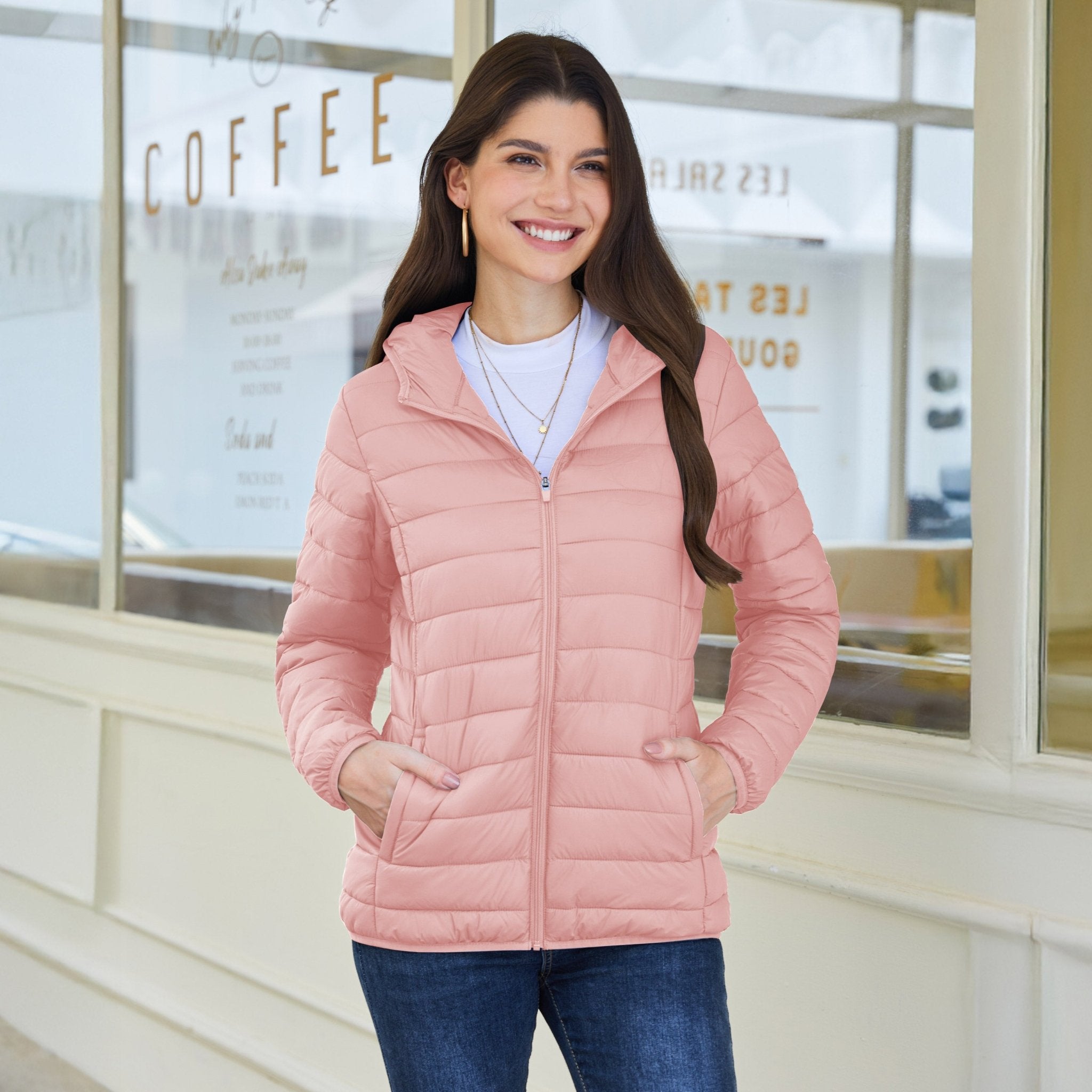 Pink Women's Hooded Lightweight Puffer Jacket Full Zip Winter Coat - MAGCOMSEN