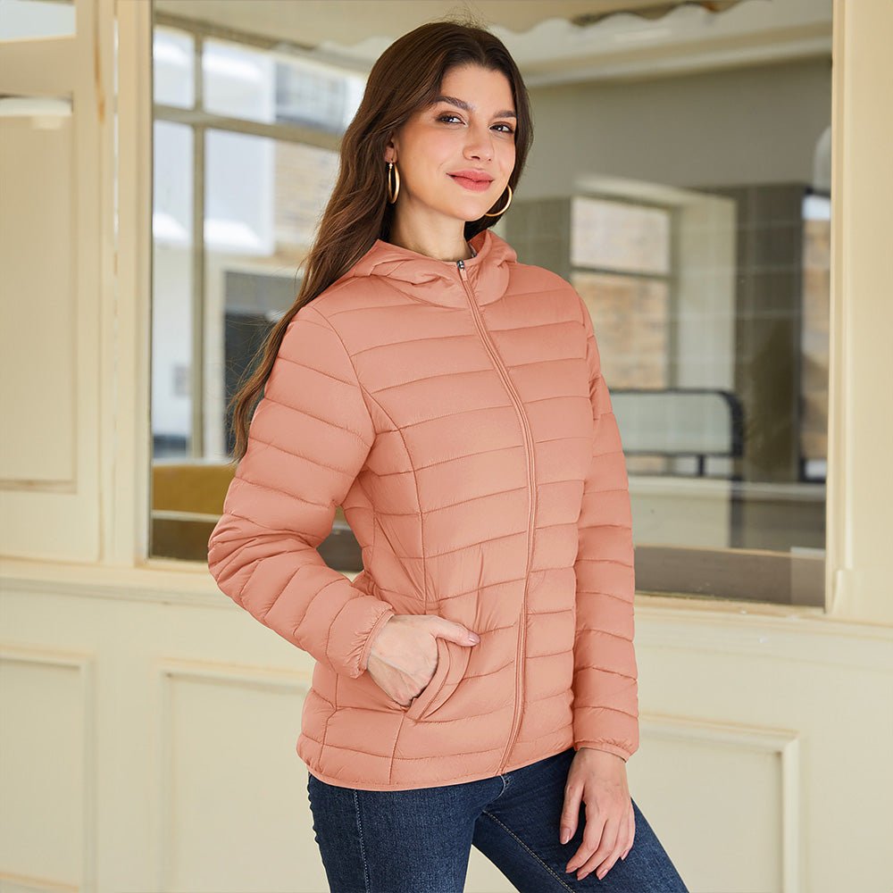 Apricot Women's Hooded Lightweight Puffer Jacket Full Zip Winter Coat - MAGCOMSEN