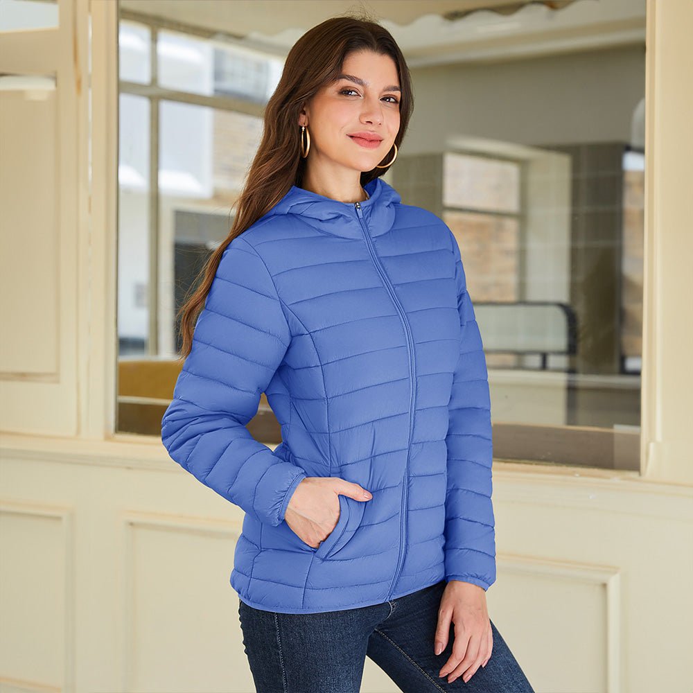Light Blue Women's Hooded Lightweight Puffer Jacket Full Zip Winter Coat - MAGCOMSEN