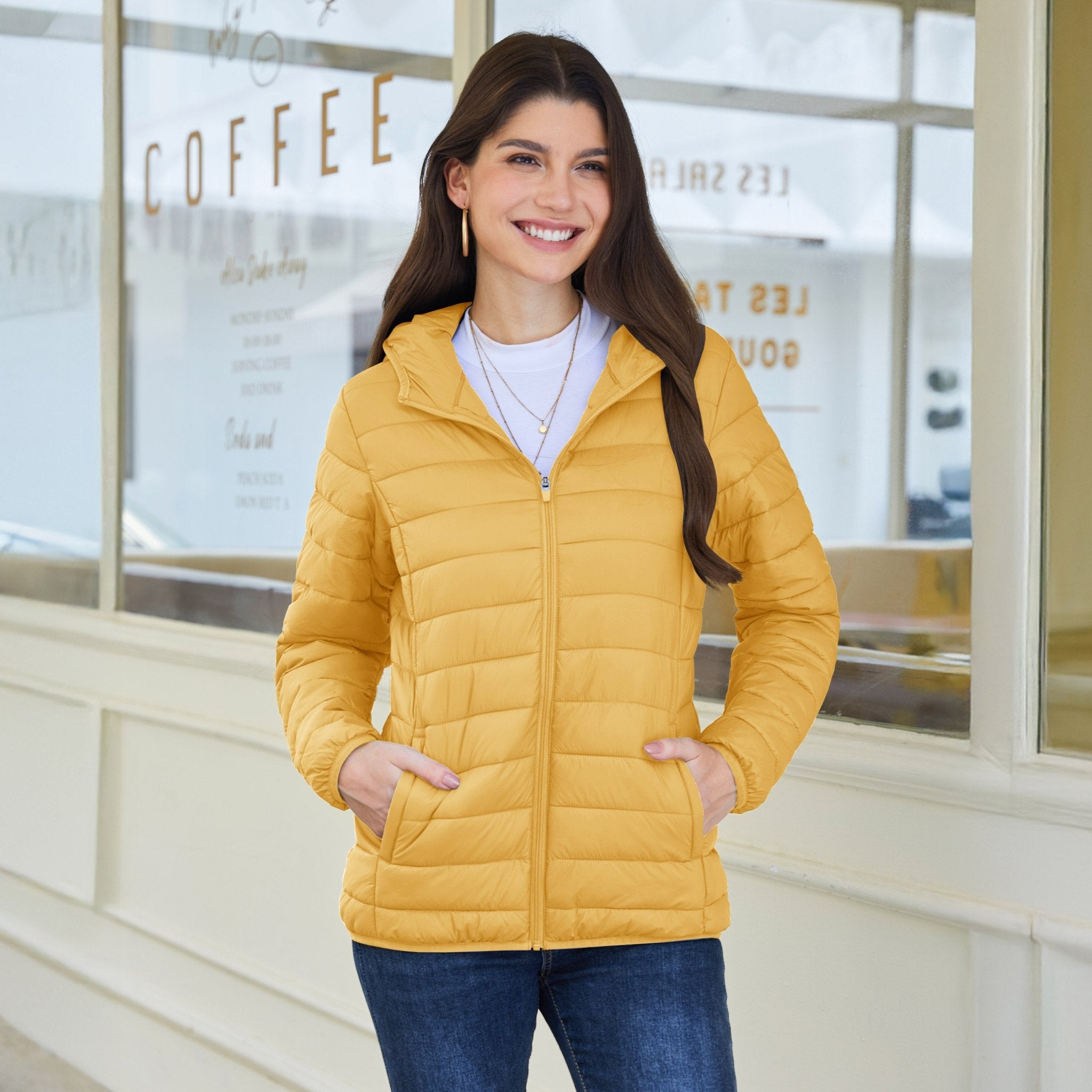 Yellow Women's Hooded Lightweight Puffer Jacket Full Zip Winter Coat - MAGCOMSEN