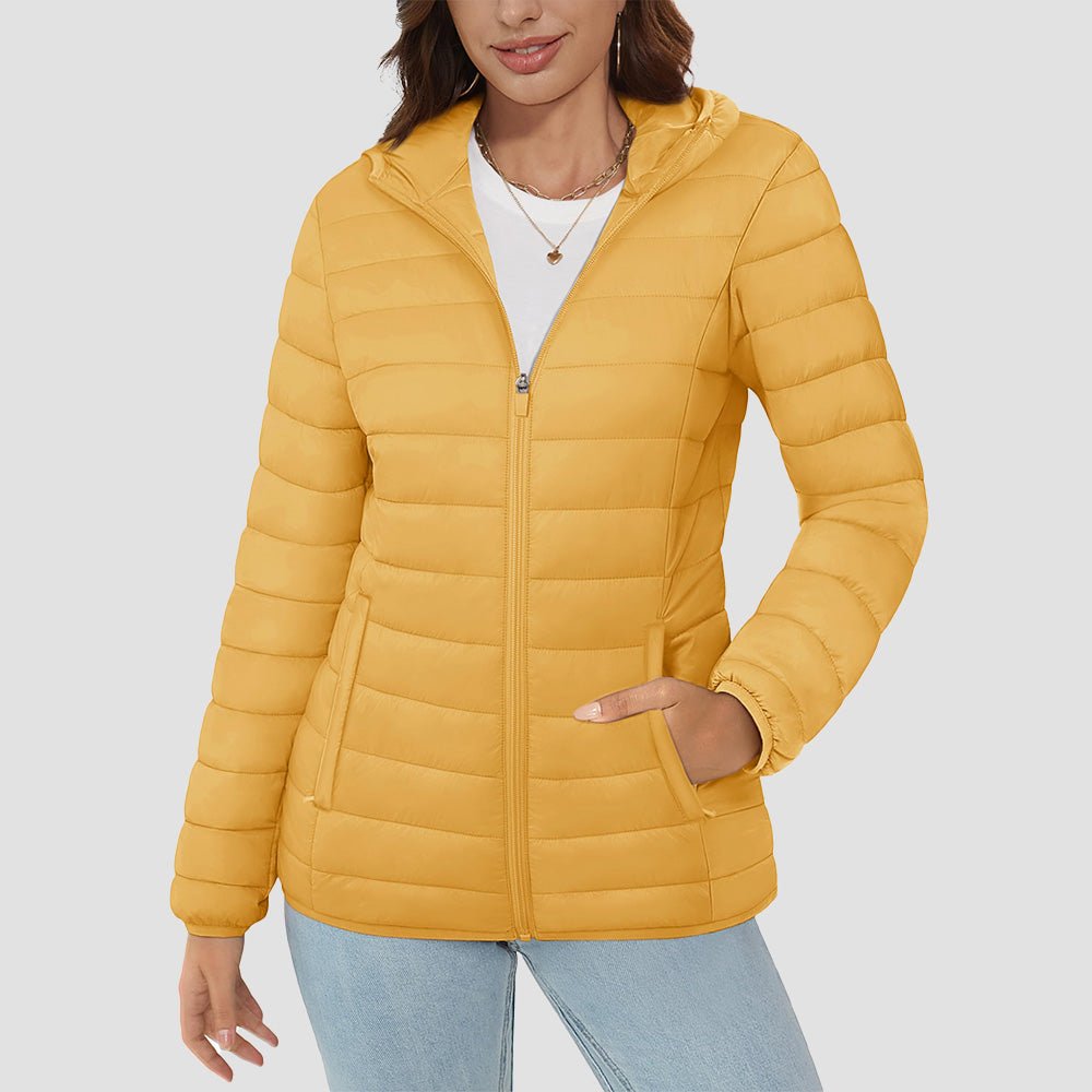 Yellow Women's Hooded Lightweight Puffer Jacket Full Zip Winter Coat - MAGCOMSEN