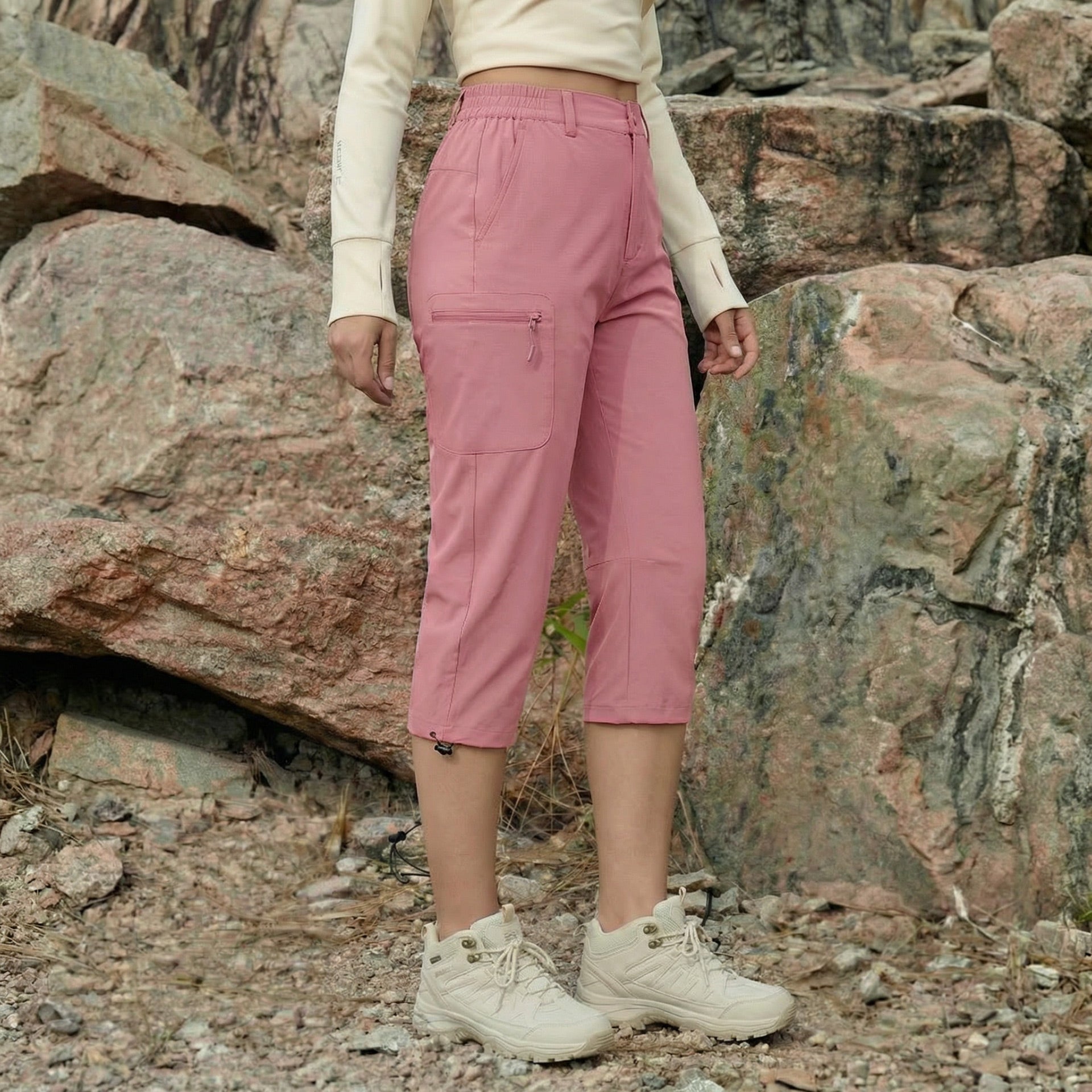 Women's Lightweight Water - Resistant Hiking Capris with 5 Pockets Grey Pink by MAGCOMSEN