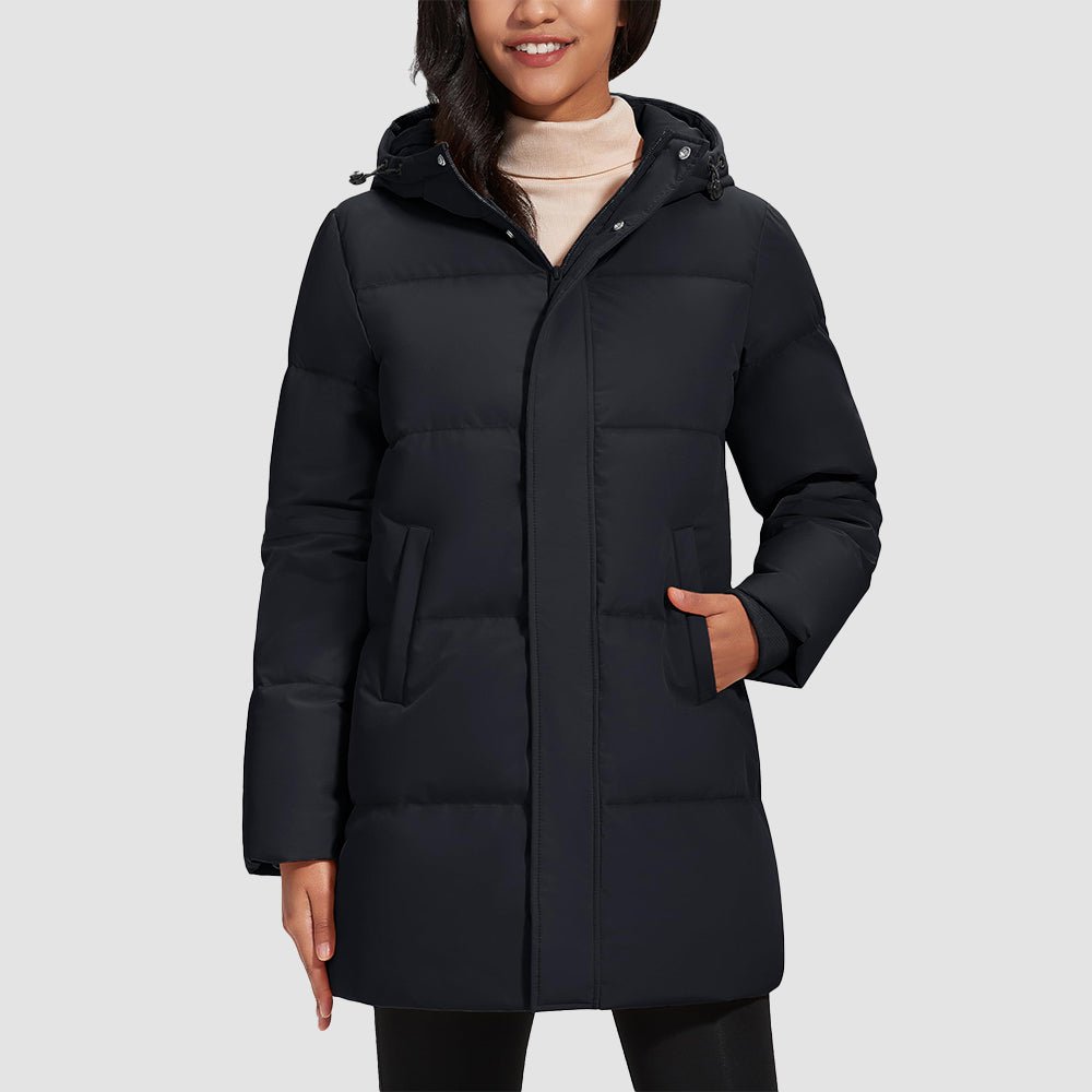 Black Women's Long Down Parka Waterproof Hooded Winter Puffer Coat - MAGCOMSEN