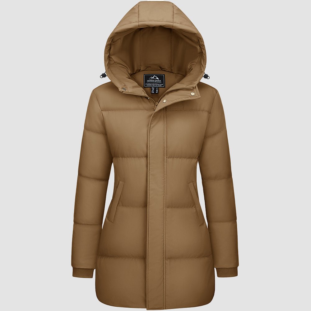 Brown Women's Long Down Parka Waterproof Hooded Winter Puffer Coat - MAGCOMSEN