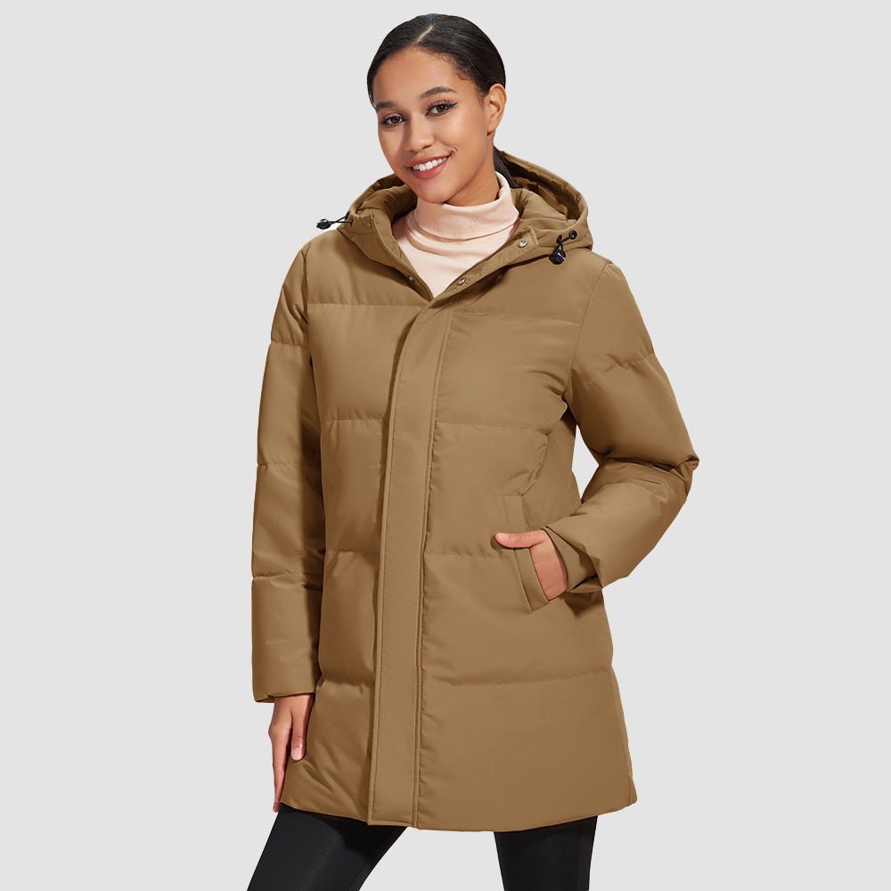 Brown Women's Long Down Parka Waterproof Hooded Winter Puffer Coat - MAGCOMSEN
