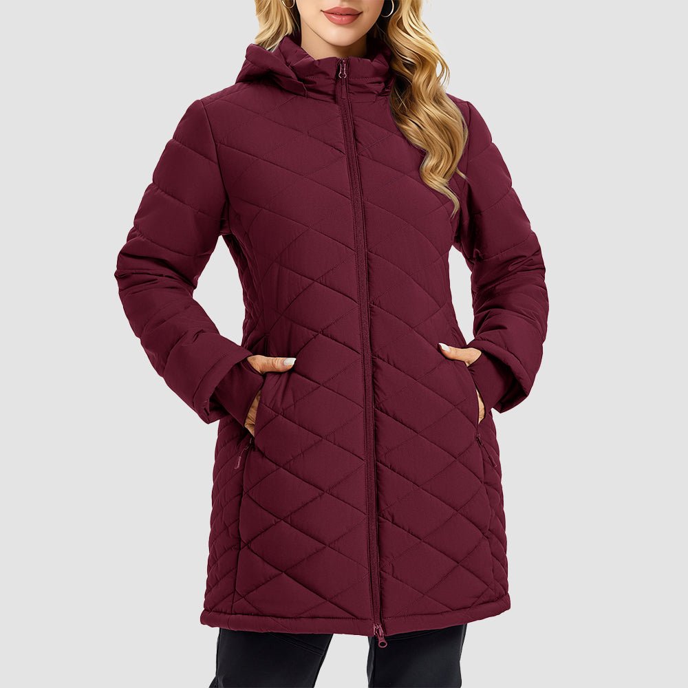 Wine Red Women's Long Quilted Puffer Parka Lightweight Waterproof Winter Coat with Hood - MAGCOMSEN
