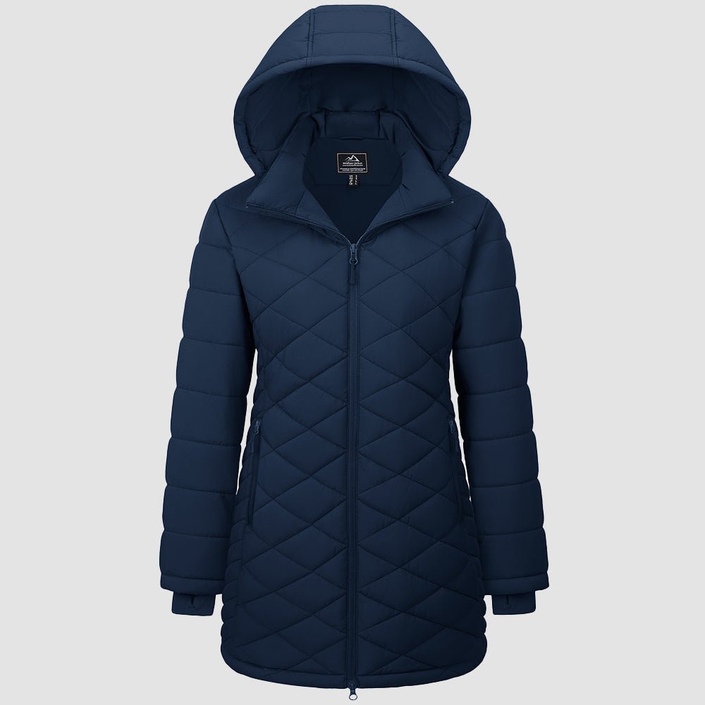 Navy Women's Long Quilted Puffer Parka Lightweight Waterproof Winter Coat with Hood - MAGCOMSEN