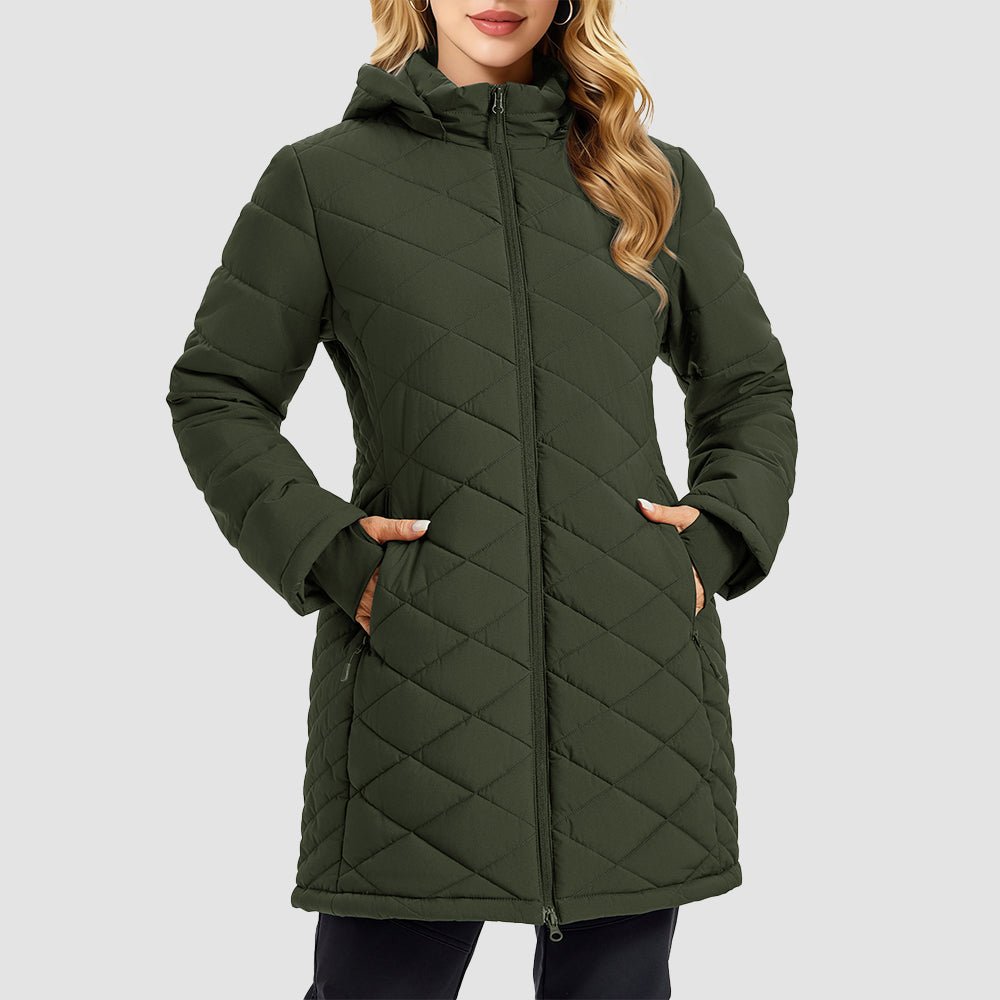 Army Green Women's Long Quilted Puffer Parka Lightweight Waterproof Winter Coat with Hood - MAGCOMSEN