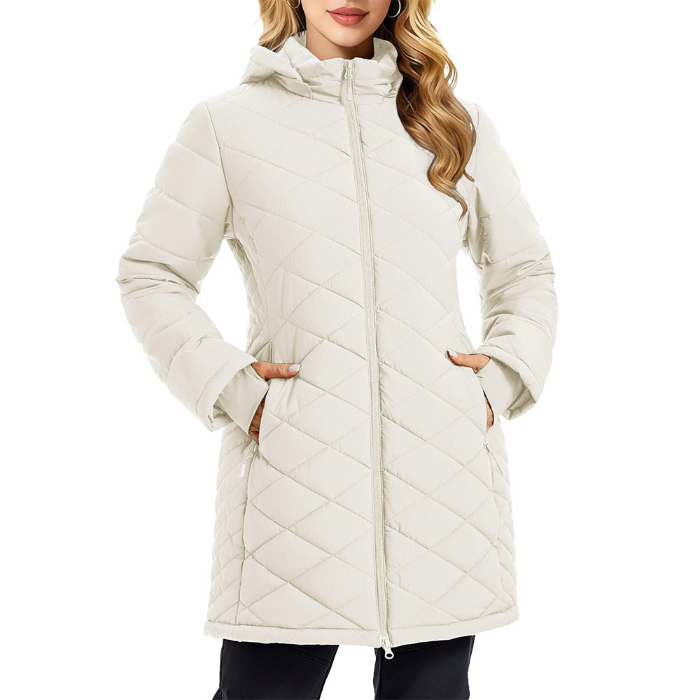 Beige Women's Long Quilted Puffer Parka Lightweight Waterproof Winter Coat with Hood - MAGCOMSEN