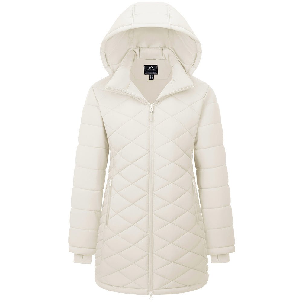 Beige Women's Long Quilted Puffer Parka Lightweight Waterproof Winter Coat with Hood - MAGCOMSEN