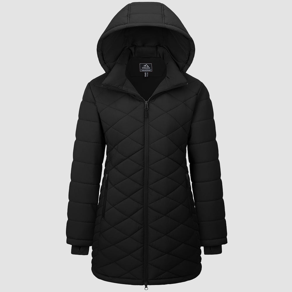 Black Women's Long Quilted Puffer Parka Lightweight Waterproof Winter Coat with Hood - MAGCOMSEN