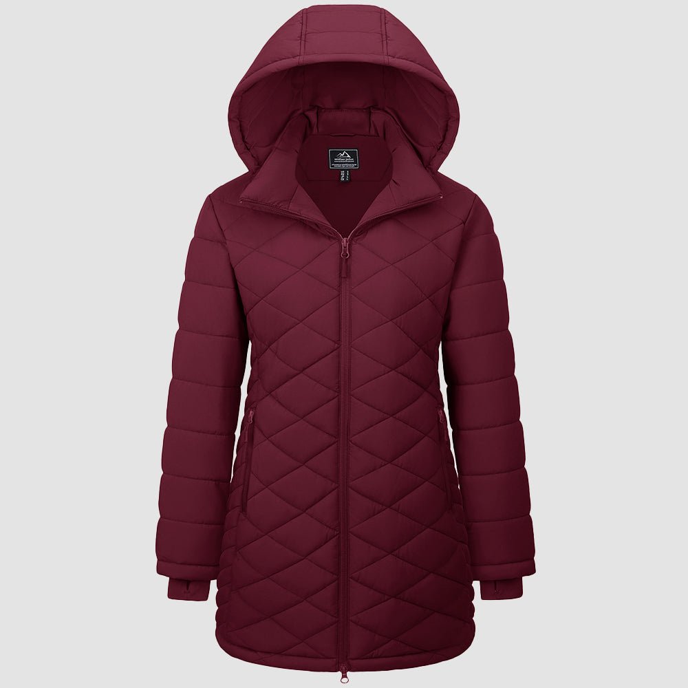 Wine Red Women's Long Quilted Puffer Parka Lightweight Waterproof Winter Coat with Hood - MAGCOMSEN