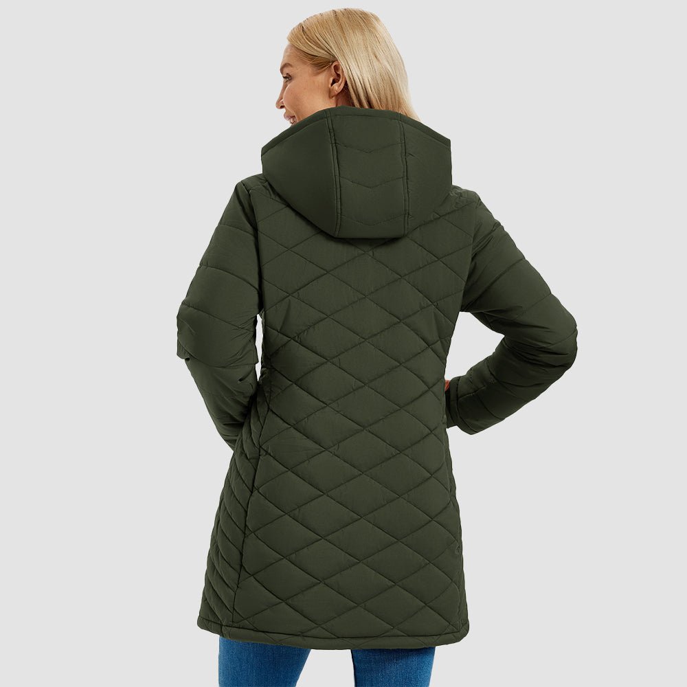 Army Green Women's Long Quilted Puffer Parka Lightweight Waterproof Winter Coat with Hood - MAGCOMSEN