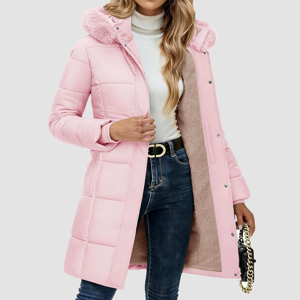 Pink Women's Long Sherpa Lined Puffer Coat - Thick Fleece Winter Parka with Hood - MAGCOMSEN