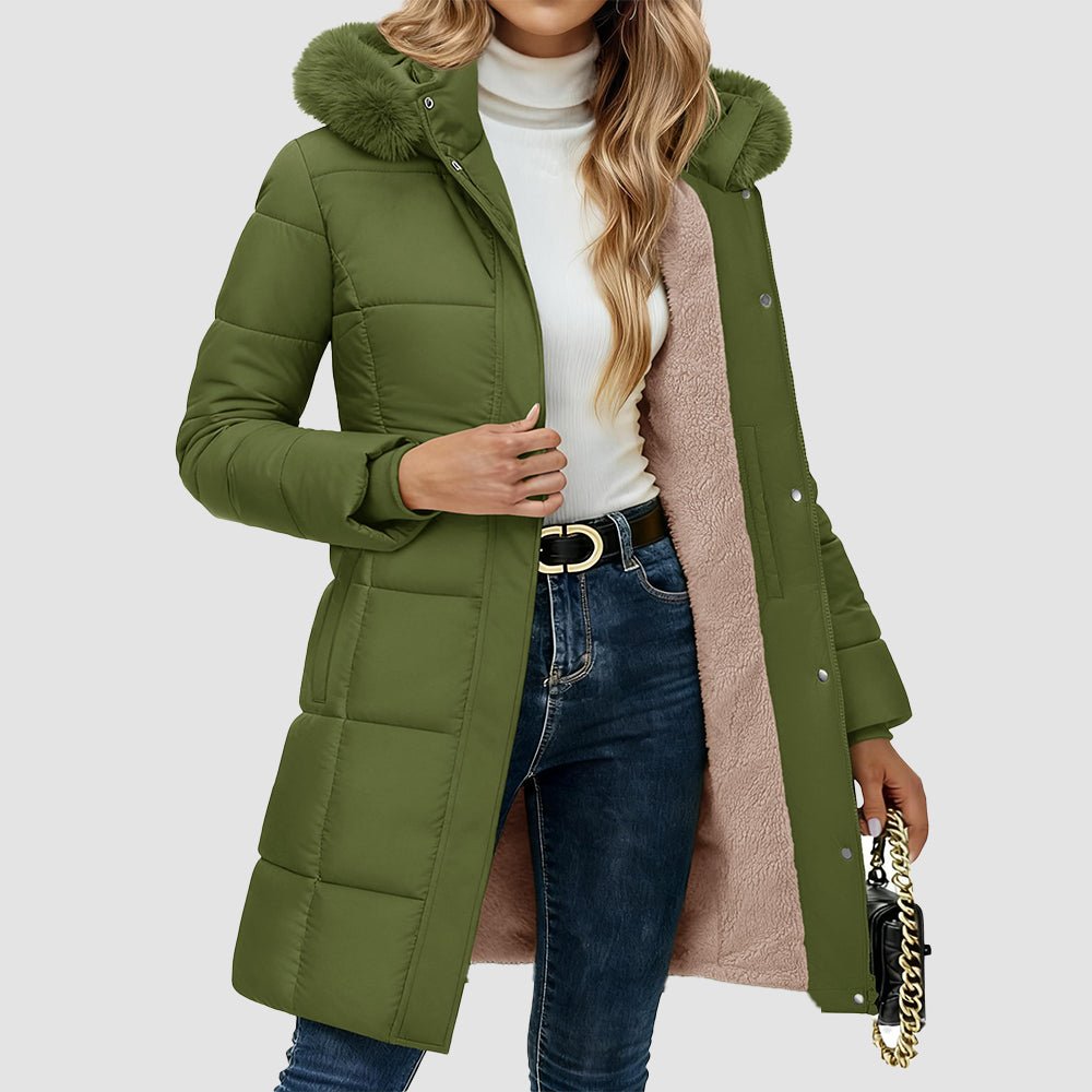 Army Green Women's Long Sherpa Lined Puffer Coat - Thick Fleece Winter Parka with Hood - MAGCOMSEN