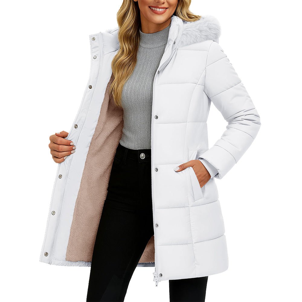White Women's Long Sherpa Lined Puffer Coat - Thick Fleece Winter Parka with Hood - MAGCOMSEN