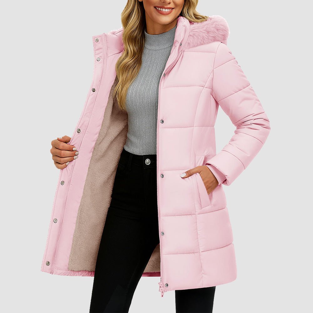 Black Women's Long Sherpa Lined Puffer Coat - Thick Fleece Winter Parka with Hood - MAGCOMSEN