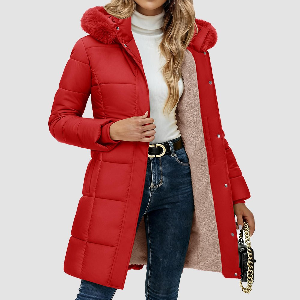 Red Women's Long Sherpa Lined Puffer Coat - Thick Fleece Winter Parka with Hood - MAGCOMSEN