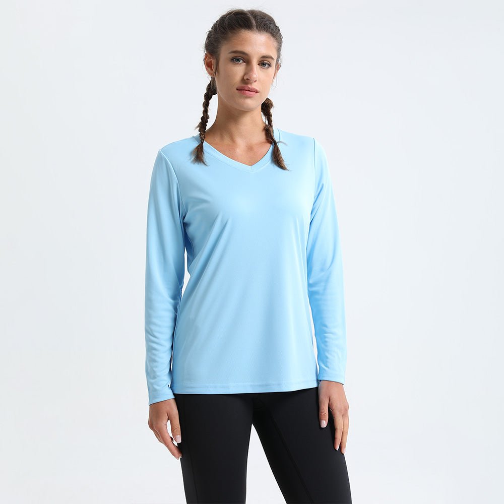 Light Blue2 Women's Long Sleeve UPF 50+ V - Neck Hiking & Workout Shirt - MAGCOMSEN