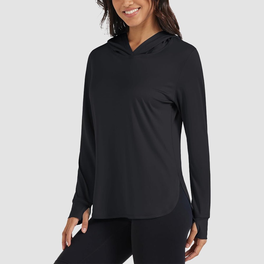 Black Women's Long Sleeve UPF 80+ Lightweight Rashguard Hoodie - MAGCOMSEN