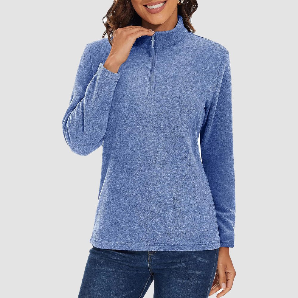Grey Blue Women's Quarter Zip Fleece Pullover Sweatshirt Athletic Top - MAGCOMSEN