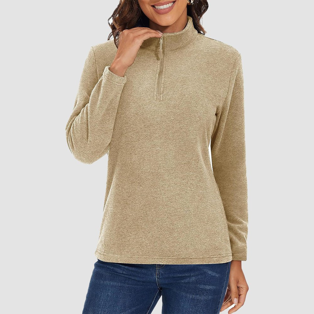Khaki Women's Quarter Zip Fleece Pullover Sweatshirt Athletic Top - MAGCOMSEN