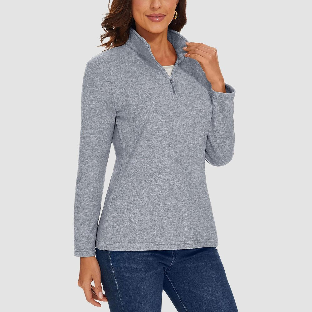 Light Grey Women's Quarter Zip Fleece Pullover Sweatshirt Athletic Top - MAGCOMSEN