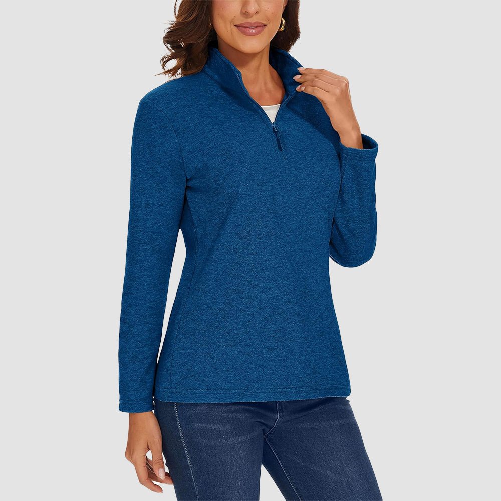 Medium Blue Women's Quarter Zip Fleece Pullover Sweatshirt Athletic Top - MAGCOMSEN