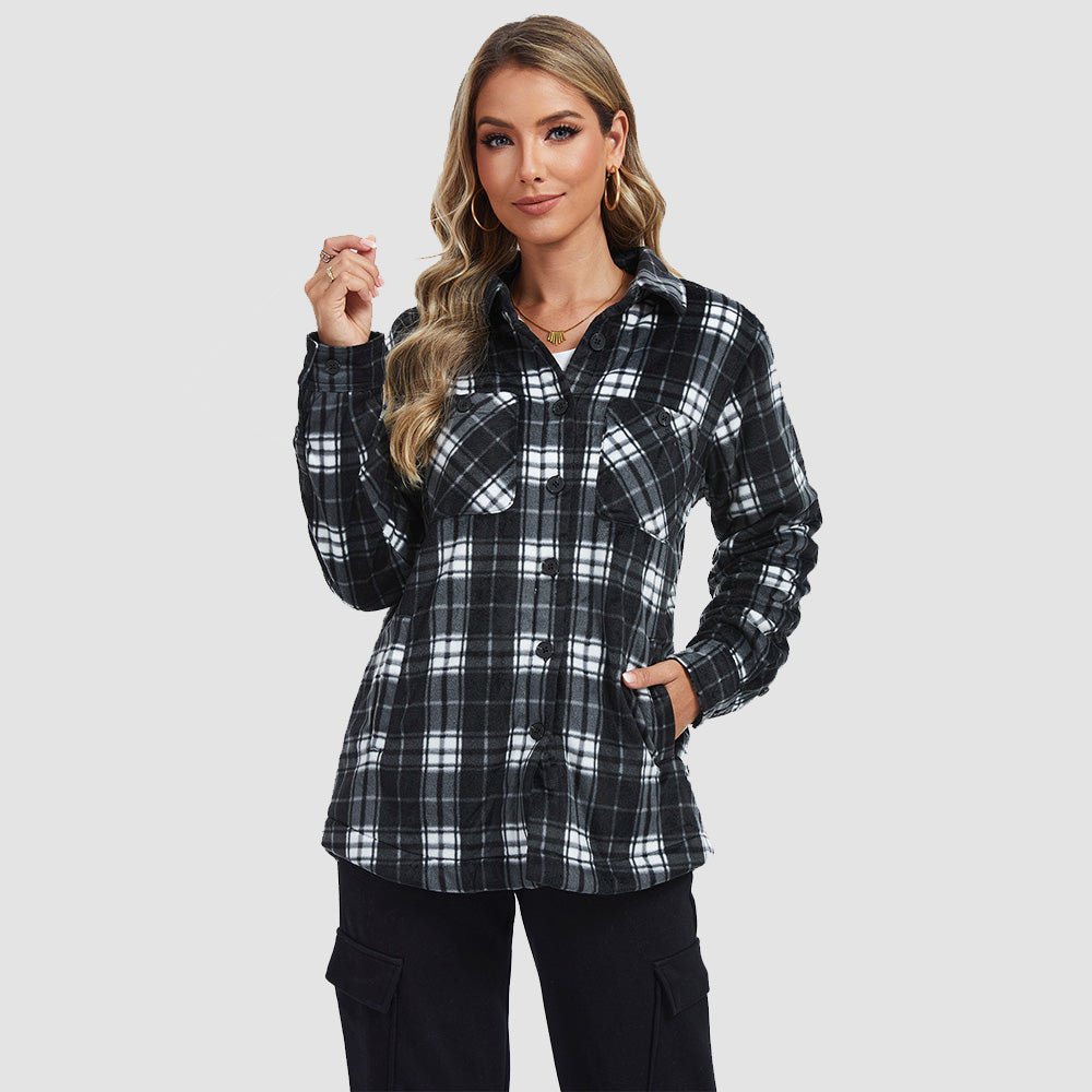 Black White Women's Sherpa Lined Flannel Shacket - Warm Plaid Button Down Winter Jacket - MAGCOMSEN