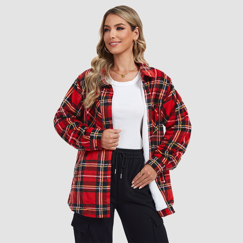 Red Black Women's Sherpa Lined Flannel Shacket - Warm Plaid Button Down Winter Jacket - MAGCOMSEN