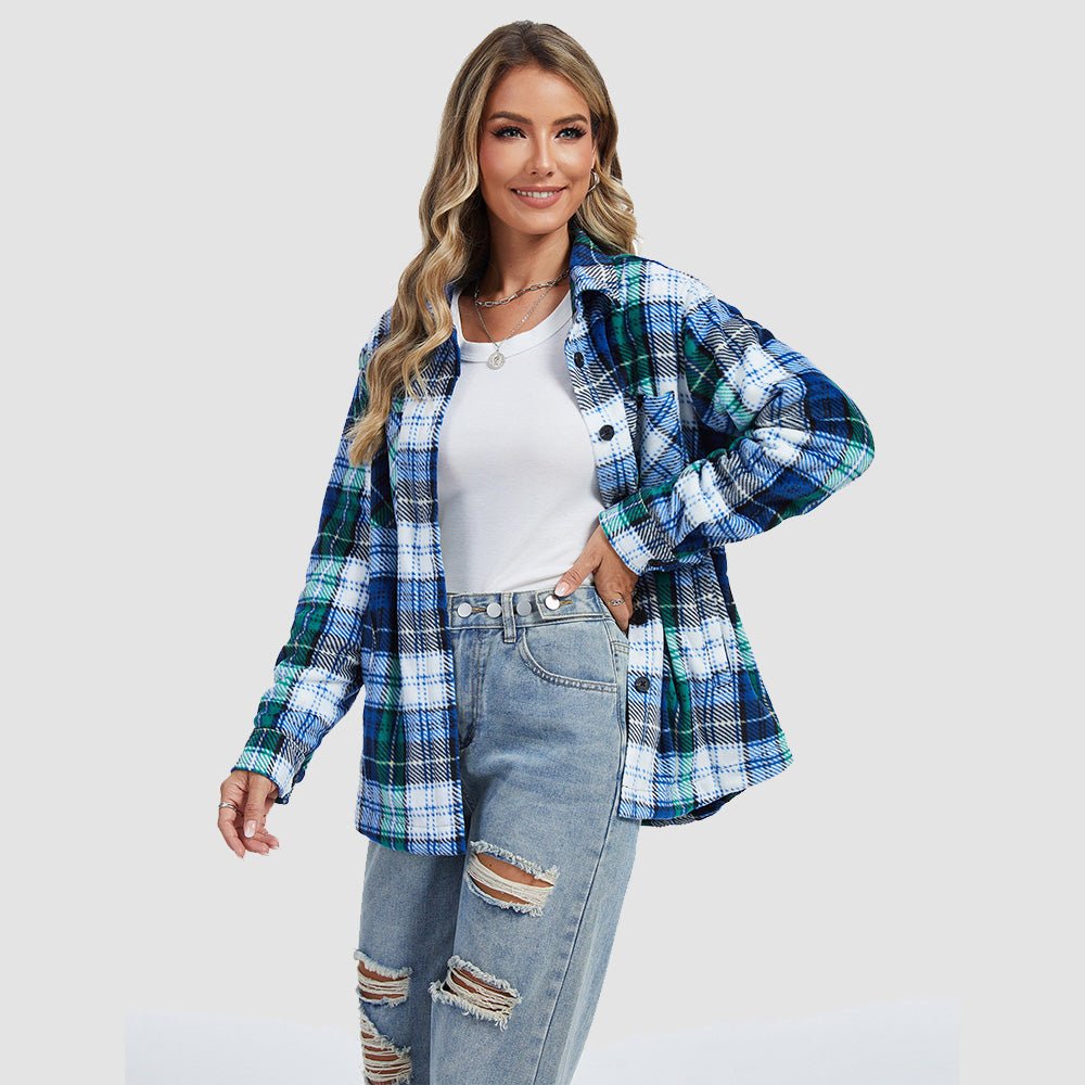 Black White Women's Sherpa Lined Flannel Shacket - Warm Plaid Button Down Winter Jacket - MAGCOMSEN