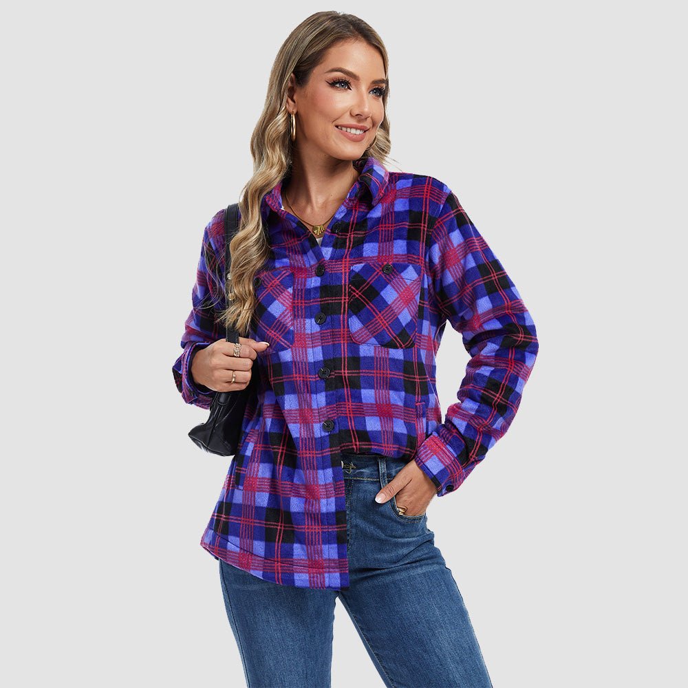 Purple Black Women's Sherpa Lined Flannel Shacket - Warm Plaid Button Down Winter Jacket - MAGCOMSEN