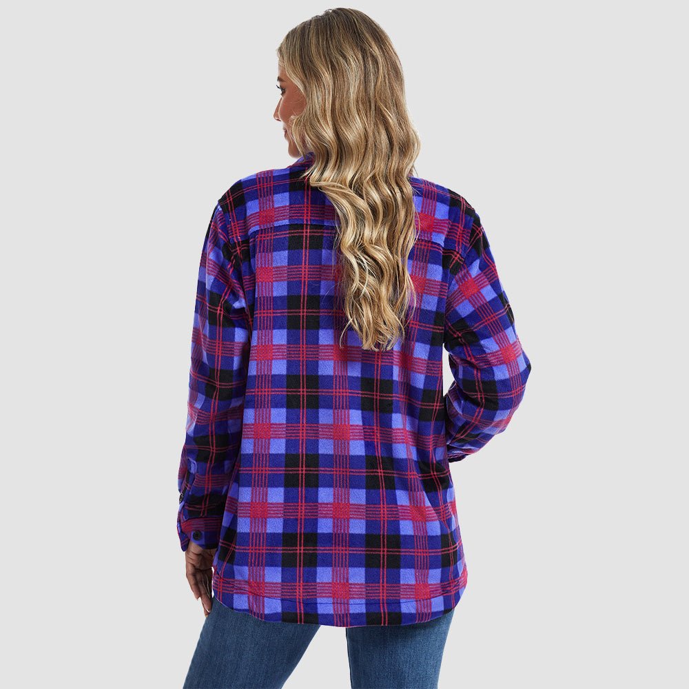 Purple Black Women's Sherpa Lined Flannel Shacket - Warm Plaid Button Down Winter Jacket - MAGCOMSEN
