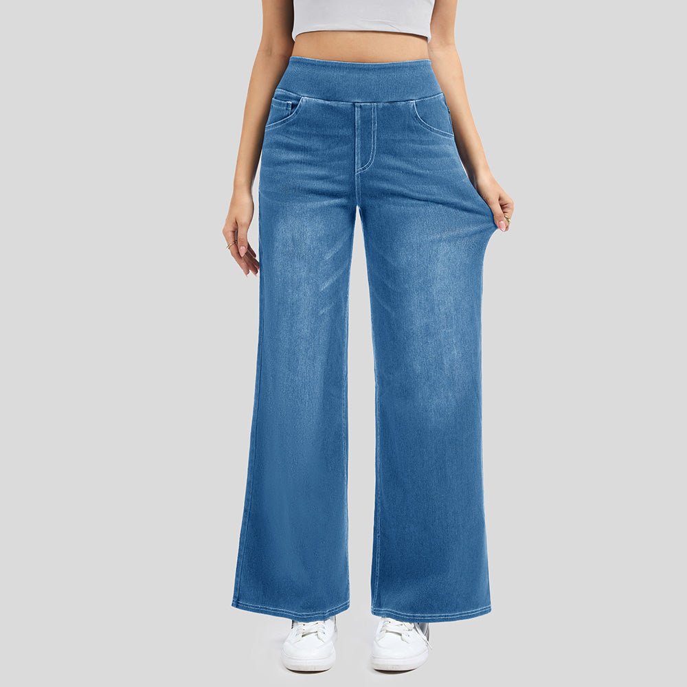 Light Blue Women's Stretchy Wide Leg Jeans Relaxed Fit Elastic Waist Pants - MAGCOMSEN