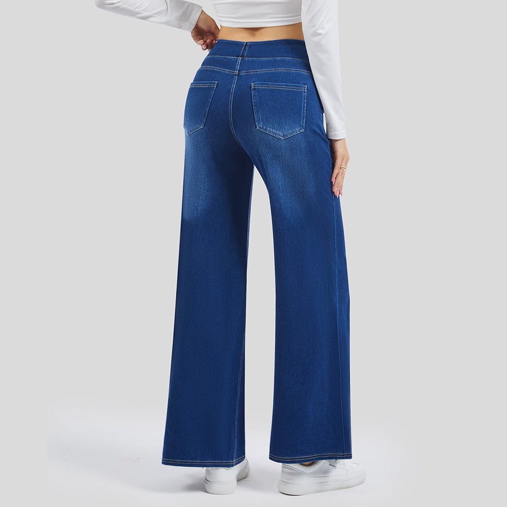 Deep Blue Women's Stretchy Wide Leg Jeans Relaxed Fit Elastic Waist Pants - MAGCOMSEN