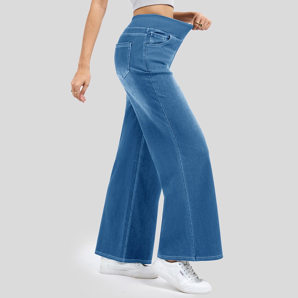 Light Blue Women's Stretchy Wide Leg Jeans Relaxed Fit Elastic Waist Pants - MAGCOMSEN
